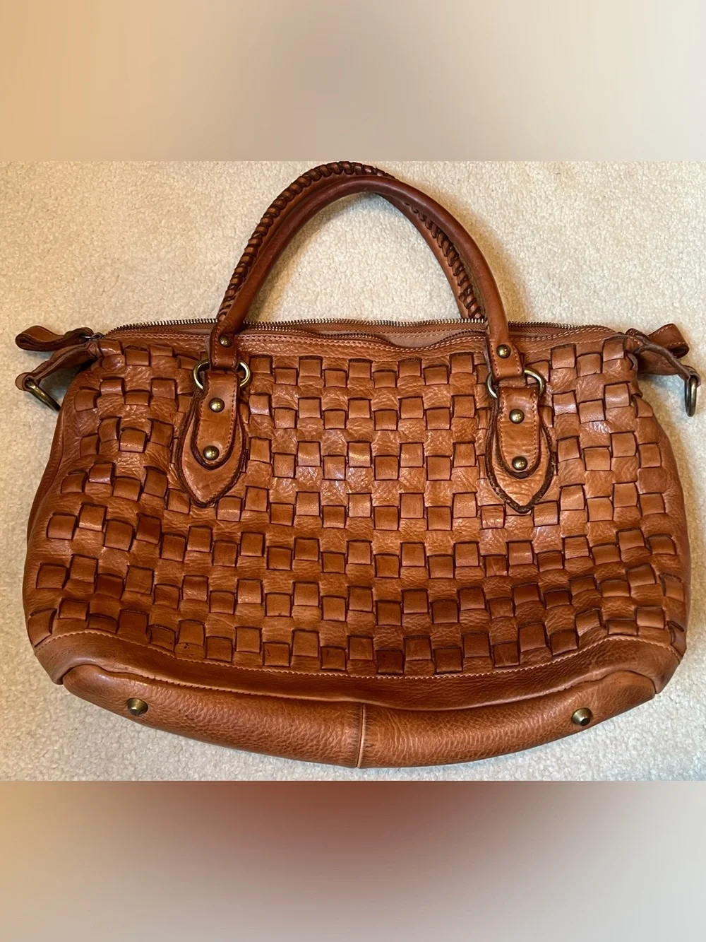Sundance Catalog Cognac Brown Woven Leather Basketweave Satchel Bag